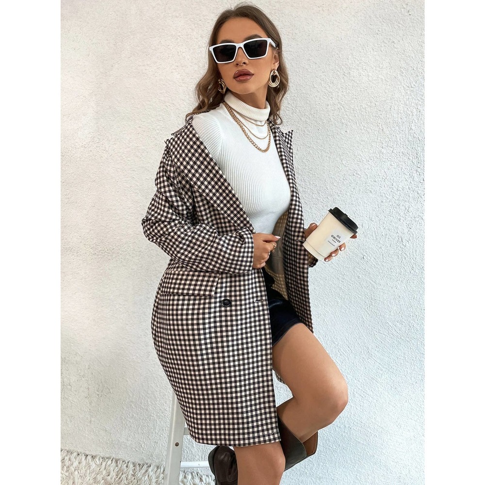 Gingham Print plaid oversized Blazer brown tan academia - Picture 3 of 6